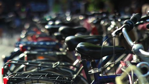 Bicycle rack on the street in Copenhagen, Denmark. Stock Video
