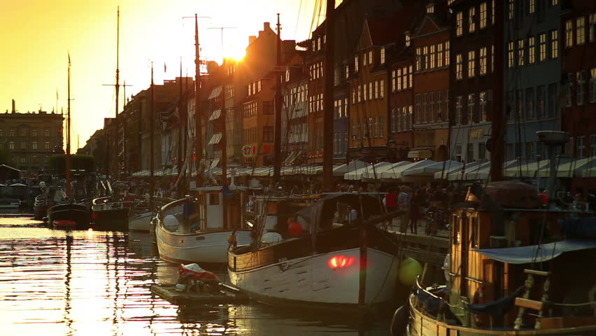Boat harbor at sunset in Copenhagen, Denmark.