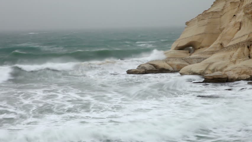 Mediterranean waves crashing on the Rosh Hanikra, Israel shore. Major storm