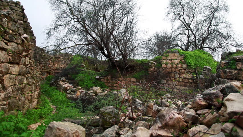Ruins in the beautiful mountains at Bar'am Israel. The ruins are being taken