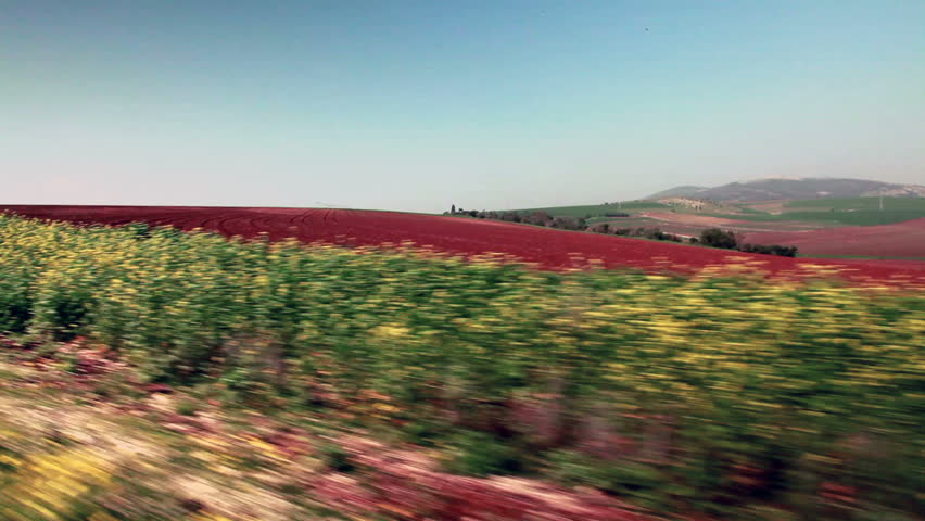 Drive-by in the Ein Harod farmland region of Israel showing a newly plowed field