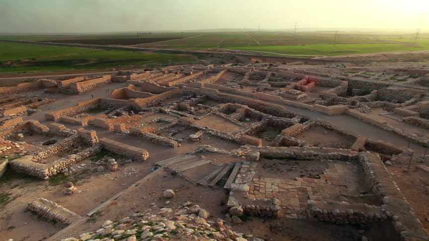 Wide shot from a high angle of the ruins of the biblical city at Tel Be'er Sheva