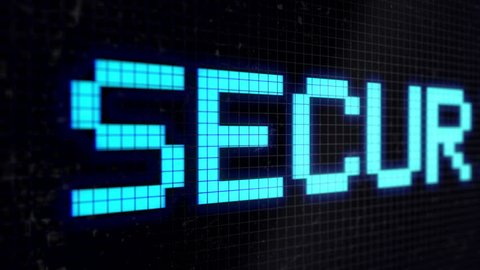 Looped animated background with running line with text light-blue color " SECURITY " on the black screen. Pixels. 4k. Seamless loop. 