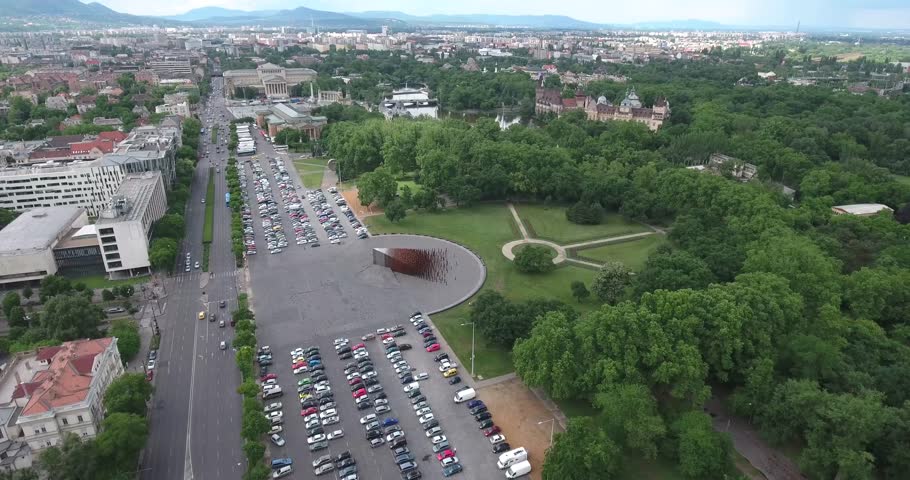 Aerial footage from a drone shows the famous Heroes Square, the 1956 monument and museums in Budapest