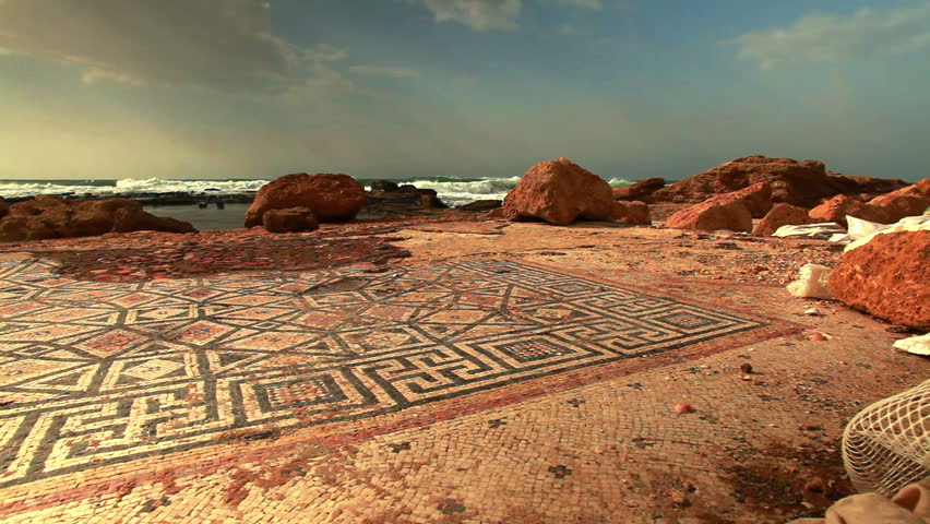 Low angled view of the Caesarea Israel ruin, mosaic on the beachfront of the