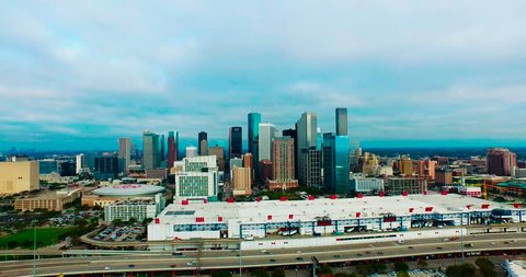 Houston, Texas / USA. November 18, 2015. Drone from the East side. You can clearly see The Toyota Center and The George R. Brown Convention Center against the backdrop of downtown Houston.