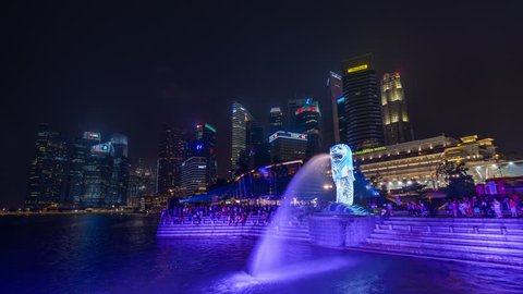 SINGAPORE - SEPTEMBER 6, 2015: The Merlion fountain at Marina Bay. The Merlion is a marketing icon used as a mascot and national personification of Singapore.
