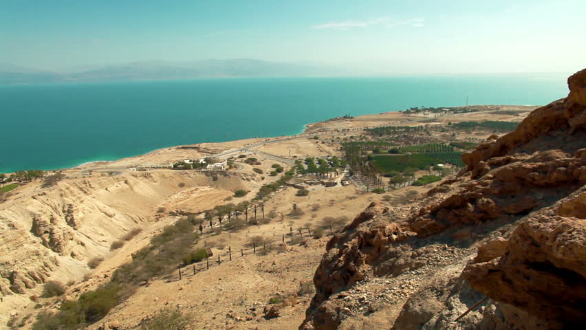 Extreme wide shot taken from the top of the Ein Gedi Nature Reserve in Israel