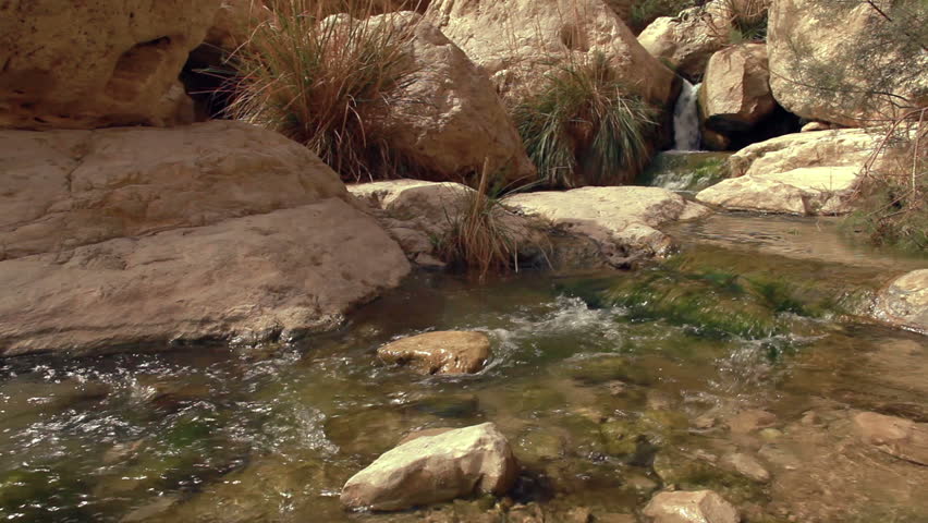 A dolly slider across a stream with a small waterfall in the background at the