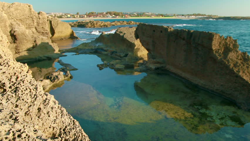 Tidal pools on the shore of the Mediterranean Sea in Israel at Dor Beach. 