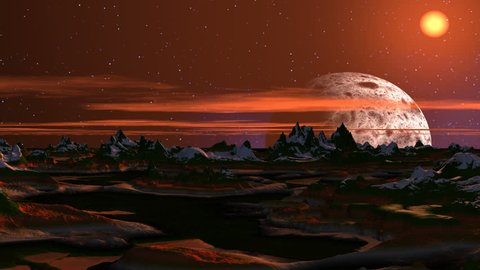 Rising of the big moon on a fantastic planet. The major planet ascends over horizon. Mountain peaks are covered by snow. In the night star sky the bright moon.