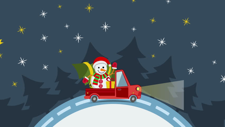 Delivery flat transport truck, van with xmas tree snowman and gift box pack on white. Delivery service van delivery truck gift box. Product goods shipping transport 4K FullHD and HD video flat footage