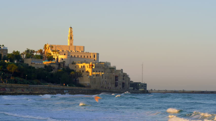 Tel Aviv, Israel, Jaffa coast, Sunrise looking south, wide shot  panning from