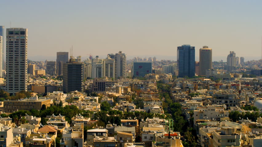 A slow pan right to left of the Tel Aviv, Israel  skyline at 9:05am in the
