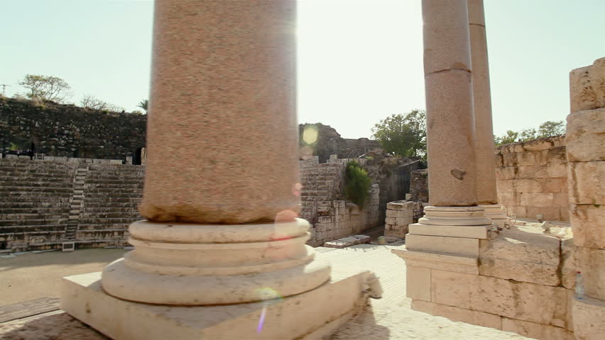  As the camera passes the column the ancient theater at Beit She'an, Israel, is