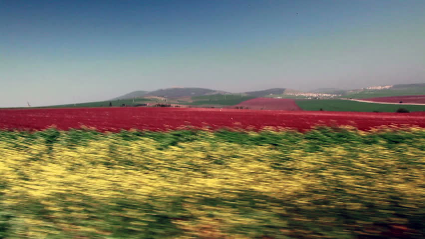 Drive-by in the Ein Harod farmland region of Israel showing a newly plowed field