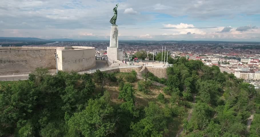 Aerial footage from a drone shows the Liberty Statue or Freedom Statue in Budapest, Hungary.