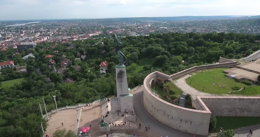 Aerial footage from a drone shows the Liberty Statue or Freedom Statue in Budapest, Hungary.