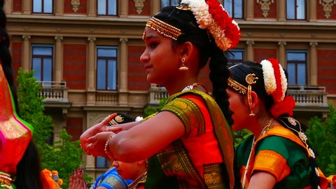 STOCKHOLM, SWEDEN, MAY 2016: Group of Indian young girl dancers performing traditional bollywood dance in the Indian cultural festival in Stockholm kungstrÃ¤dgÃ¥rden on 21 of May.