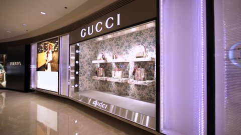 HONG KONG, CHINA - APRIL, 1: Gucci store in Hong Kong mall. Gucci is an Italian luxury fashion and leather goods brand, founded by Guccio Gucci in Florence in 1921.		