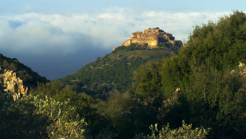 Wide shot of Nimrod Fortress, in the Golan Heights, Israel