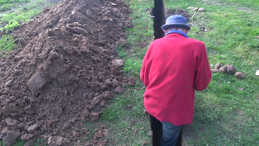Builder worker  with red jumper digging very narrow ditch in summer with a shovel through grass