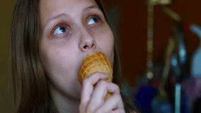 Girl is Eating Ice Cream. 4K UHD native video