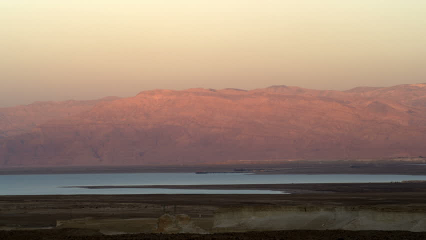 The Dead Sea at sunset, shooting from the west facing east toward the red
