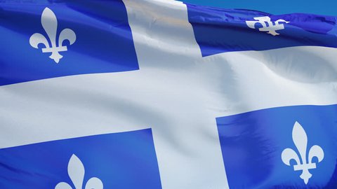 Quebec flag waving in slow motion against blue sky, seamlessly looped, close up, isolated on alpha channel with black and white luminance matte, perfect for film, news, digital composition