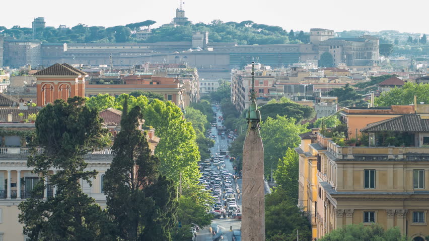 Piazza del Popolo and via Flaminia timelapse seen from Pincio terrace in Rome. Italy