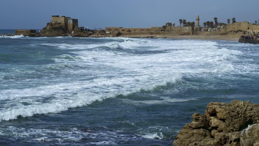  Mediterranean waves off the coast of Caesarea Israel, into the shore. Partial