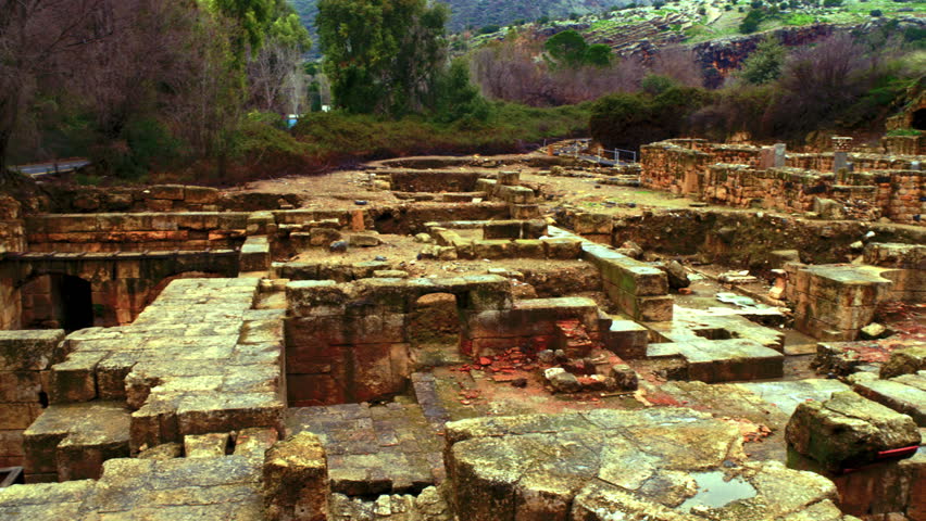 A wide pan across the ruins of the Palace of Agrippa at Banias, Golan Heights,