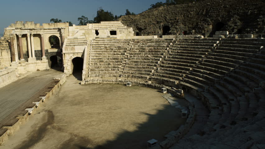 Dolly shot of Beit She'an Roman amphitheater ruin in Israel.   02/23/2011
