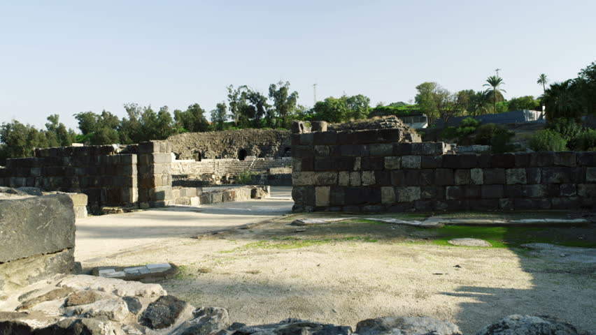 Dolly shot of ruins from the Roman and Hellenistic occupation in Beit She'an,