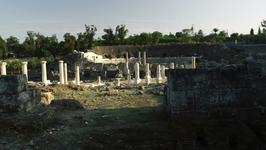 Dolly shot of ruins from the Roman and Hellenistic occupation in Beit She'an,