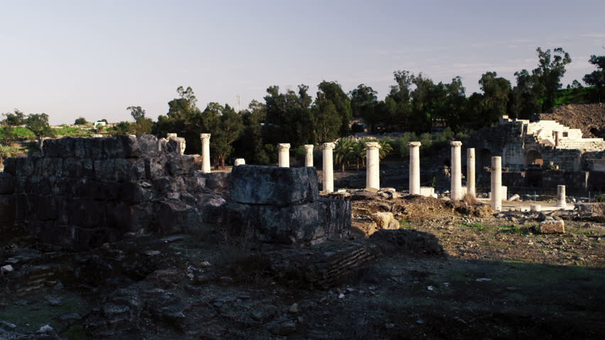 Dolly shot of ruins left from the Roman and Hellenistic occupation in Beit