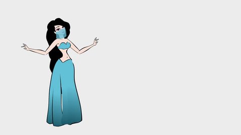 Cartoon. Belly dance, animated woman, woman in blue , animated woman with black hair , woman dancing belly dance