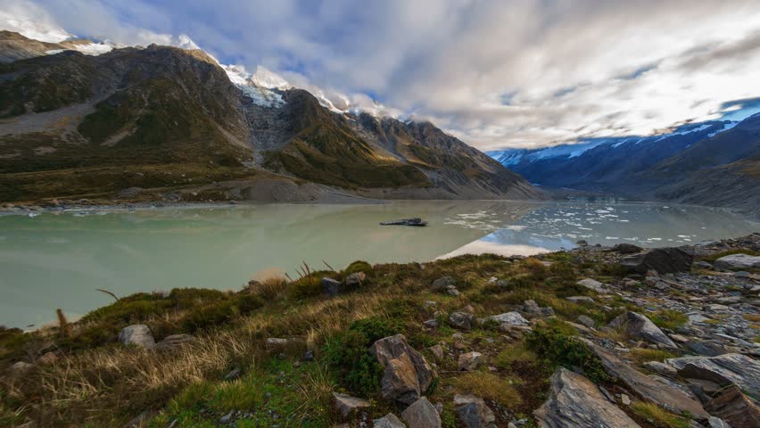 Spectacular View Of Hooker Glacier Terminal Lake And Aoraki Mount Cook At Mount Cook National Park, New Zealand. Pan Right Zoom In