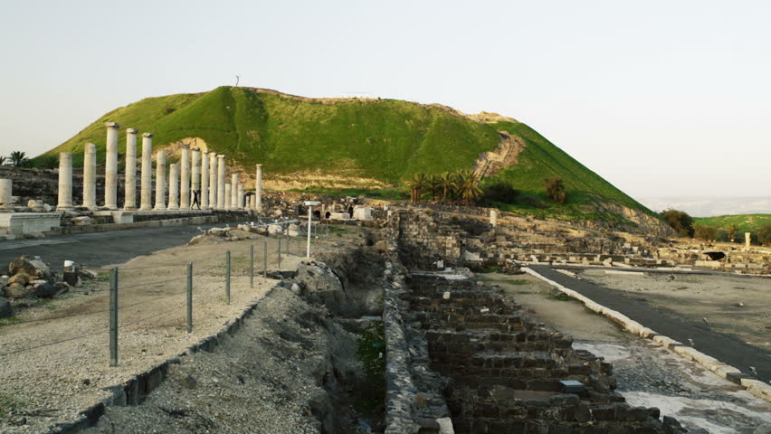 Static shot of the columns of Palladius street and other ruins at Beit She'an,