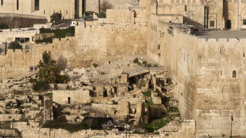 Ruin of the steps on the south east wall of the old city of Jerusalem, leading