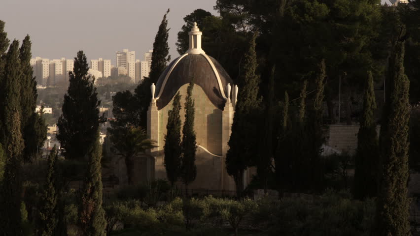 Static shot of Dominus Flevit Church, lit with the morning sun, on the Mount of