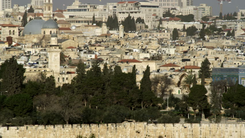 Pan across the Temple Mount, shot from the Mount Of Olives