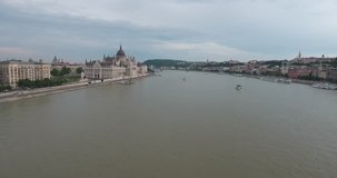 Aerial footage from a drone shows the river Danube and the historical building of the Parliament in Budapest, Hungary.