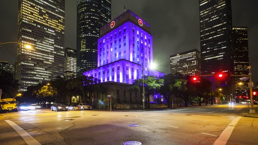 Houston City Hall & Traffic at Night in Downtown Houston, Texas - Time Lapse
