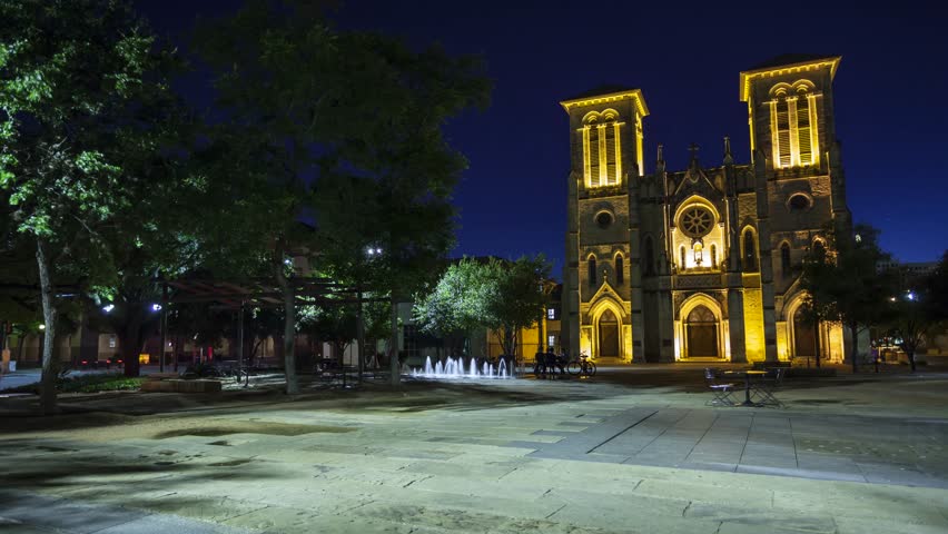 San Fernando Cathedral in San Antonio, Texas at Night - Time Lapse (People blurred for commercial use)