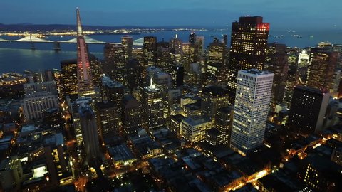 San Francisco skyline. Financial District at dusk. Aerial view. California, United States. Shot from helicopter.
