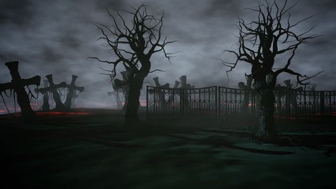 Horror night cemetery, grave. Moonlight . halloween concept. 3d animation