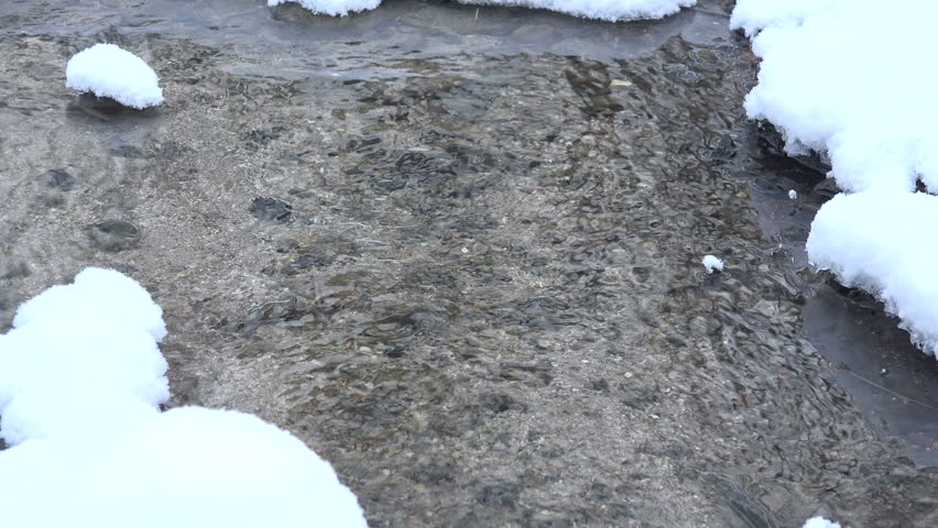 Snowy creek brook water flow in winter park channel. Zoom out. 4K