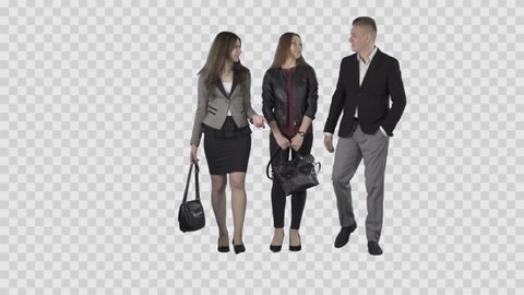 Two girls & male in business clothes are walking at the camera. Lens 85 mm. Camera is static. Footage with alpha channel. File format - .mov, codec PNG+Alpha