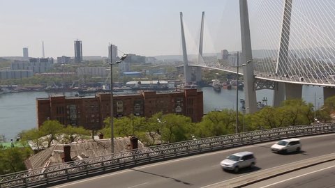 View of the bridge Golden Bridge in Vladivostok, Russia. Opened in August 2012, it is one of the largest cable-stayed bridges in the world.